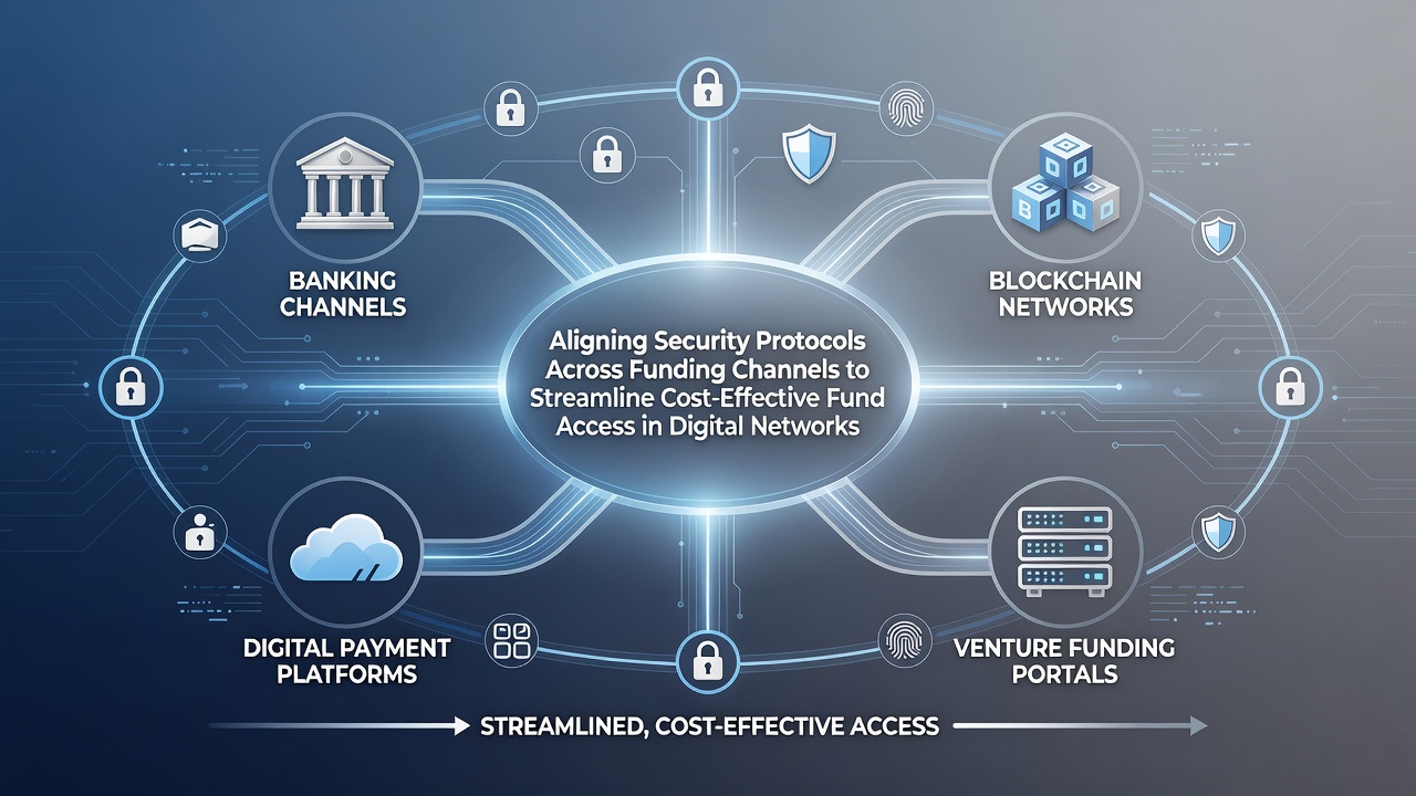 Digital network diagram showing interconnected funding channels with security protocol alignments between banks, e-wallets, and payment platforms