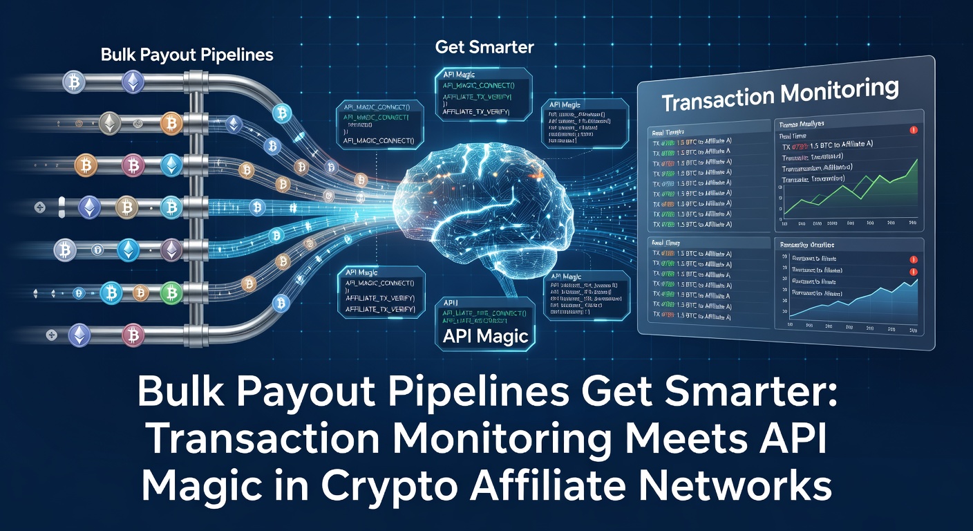 Diagram showing interconnected bulk payout pipelines with transaction monitoring nodes and API gateways in a crypto affiliate network