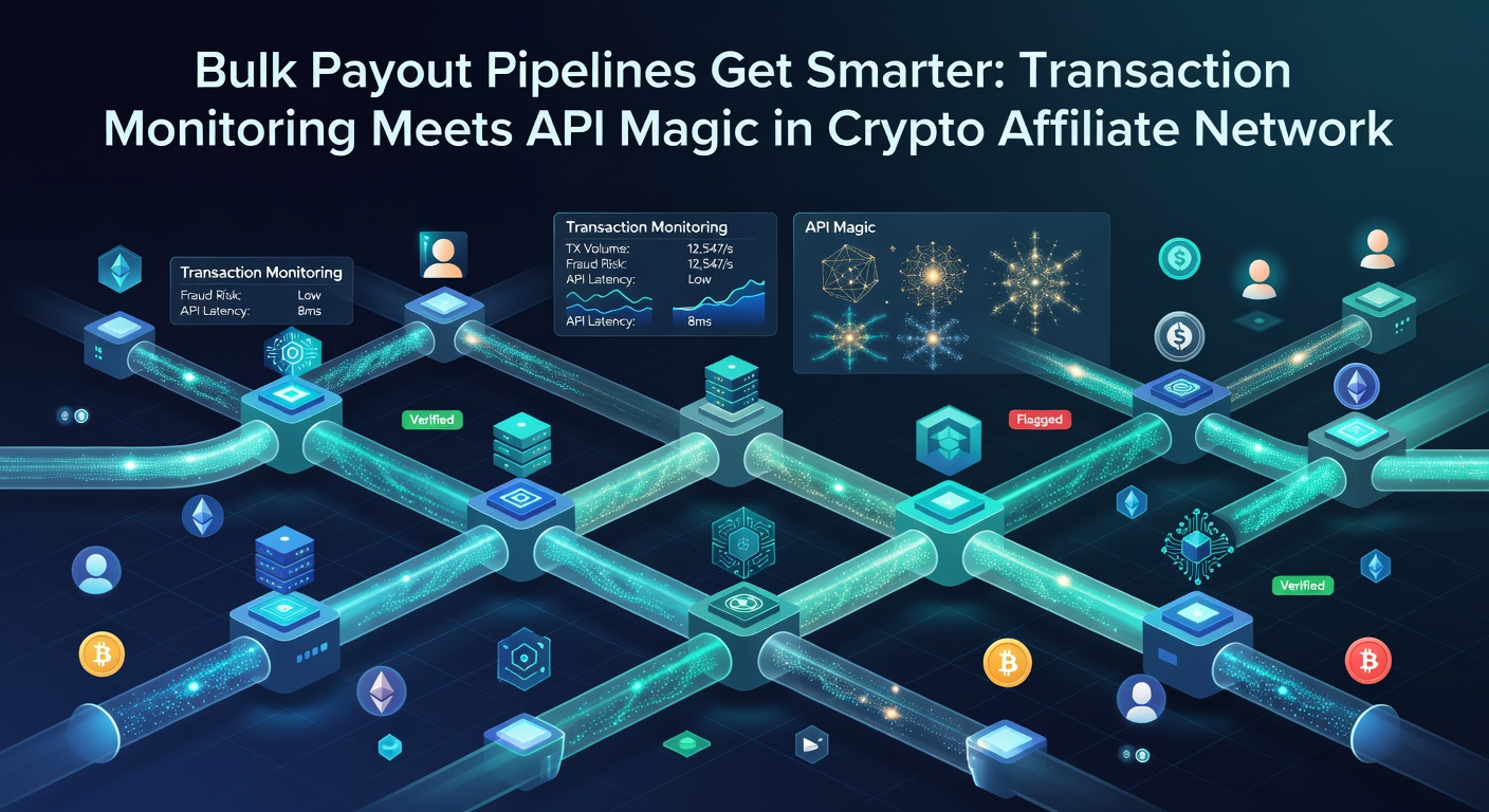 Visual representation of API-driven transaction monitoring dashboard displaying real-time alerts and payout flows in a crypto affiliate system