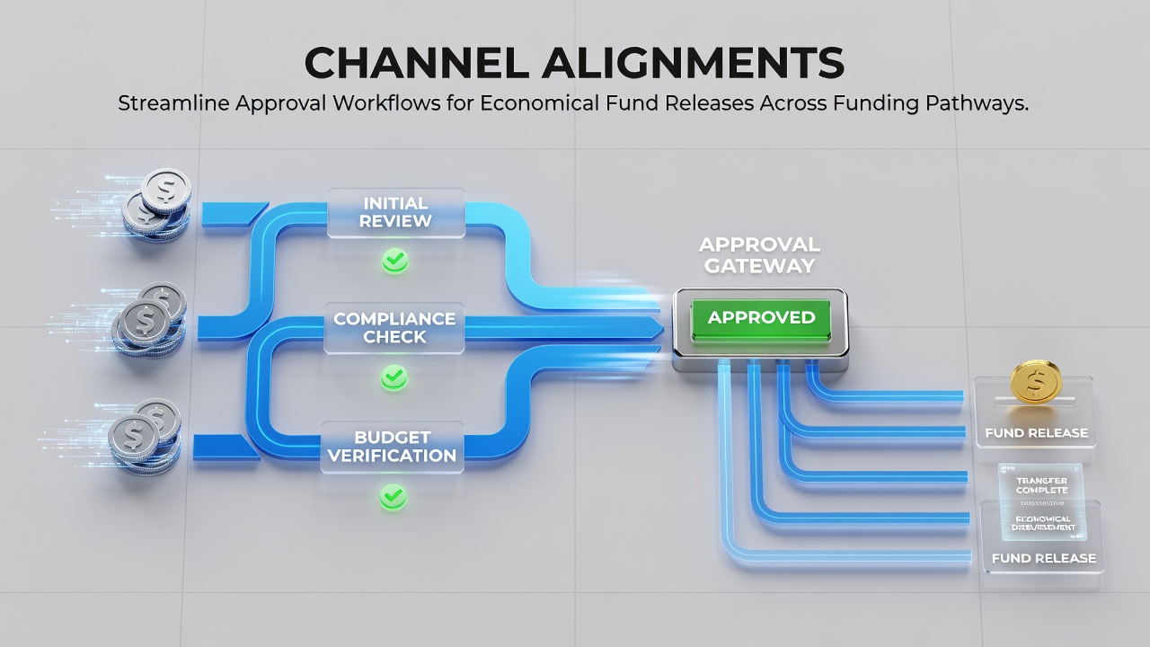 Illustration of aligned payment channels connecting banks, wallets, and approval systems for efficient fund releases