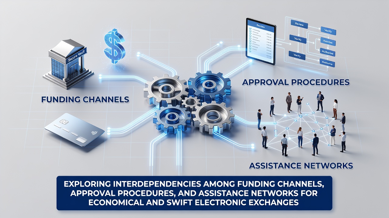 Diagram showing connections between funding channels, approval procedures, and assistance networks in electronic payment systems