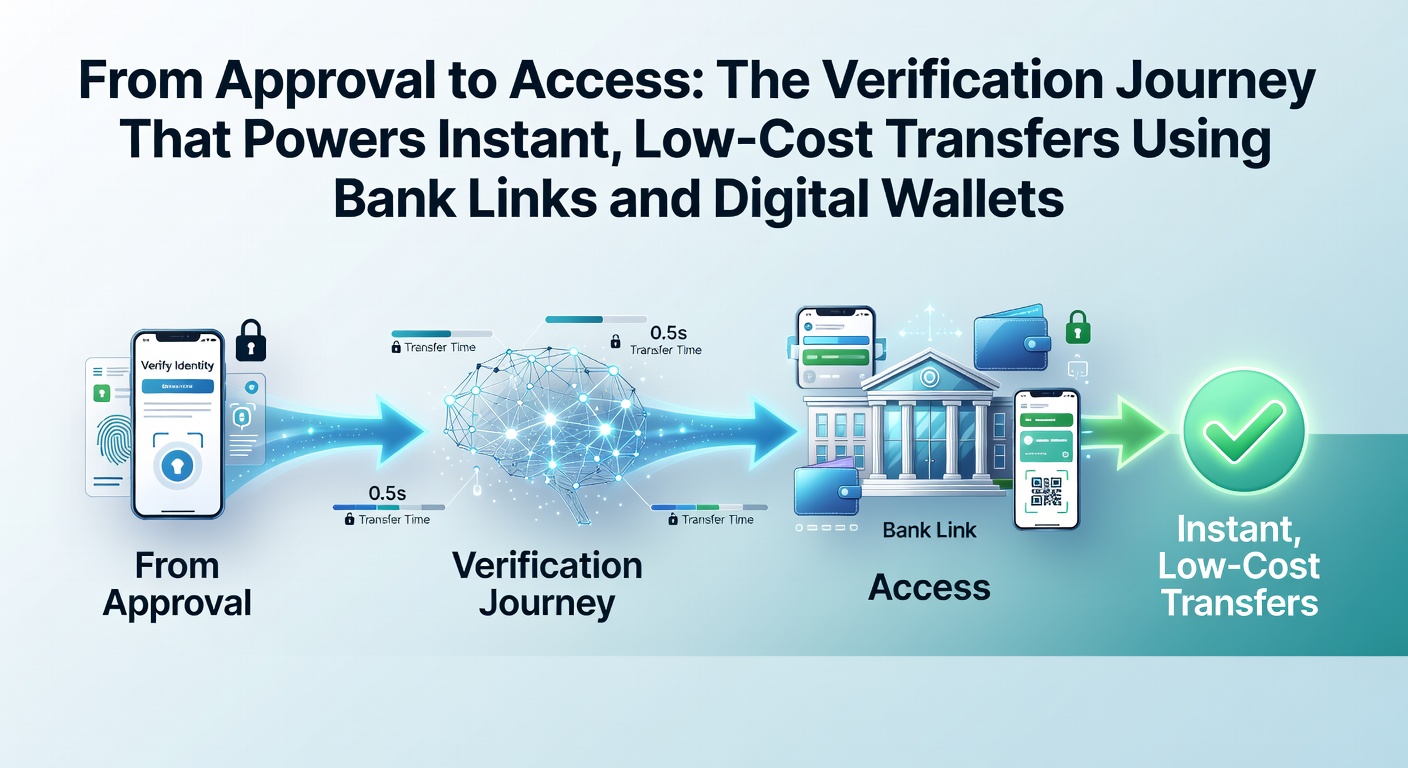 Illustration of secure bank link verification process connecting to digital wallets for fast transfers
