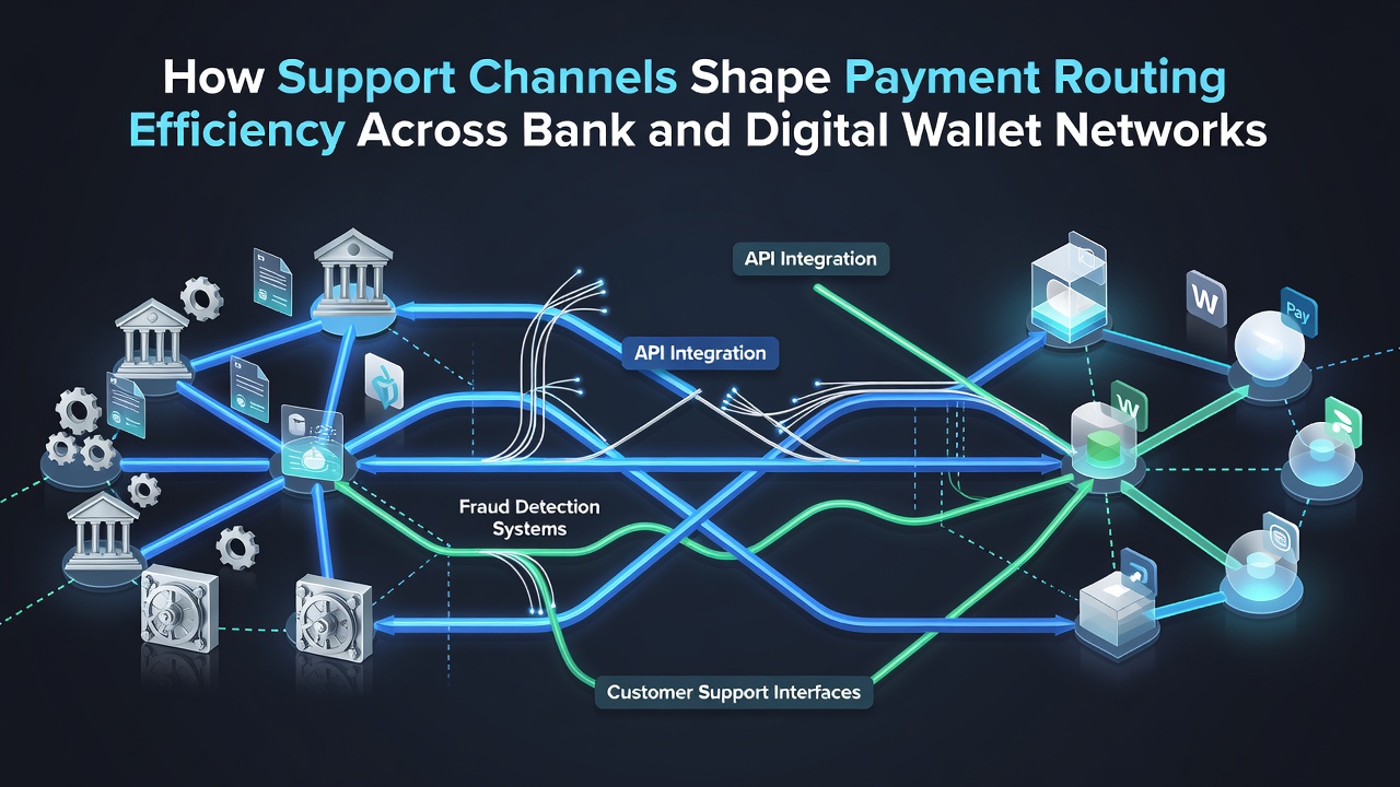Diagram showing support channels influencing payment routing between banks and digital wallets with arrows indicating data flow and efficiency metrics