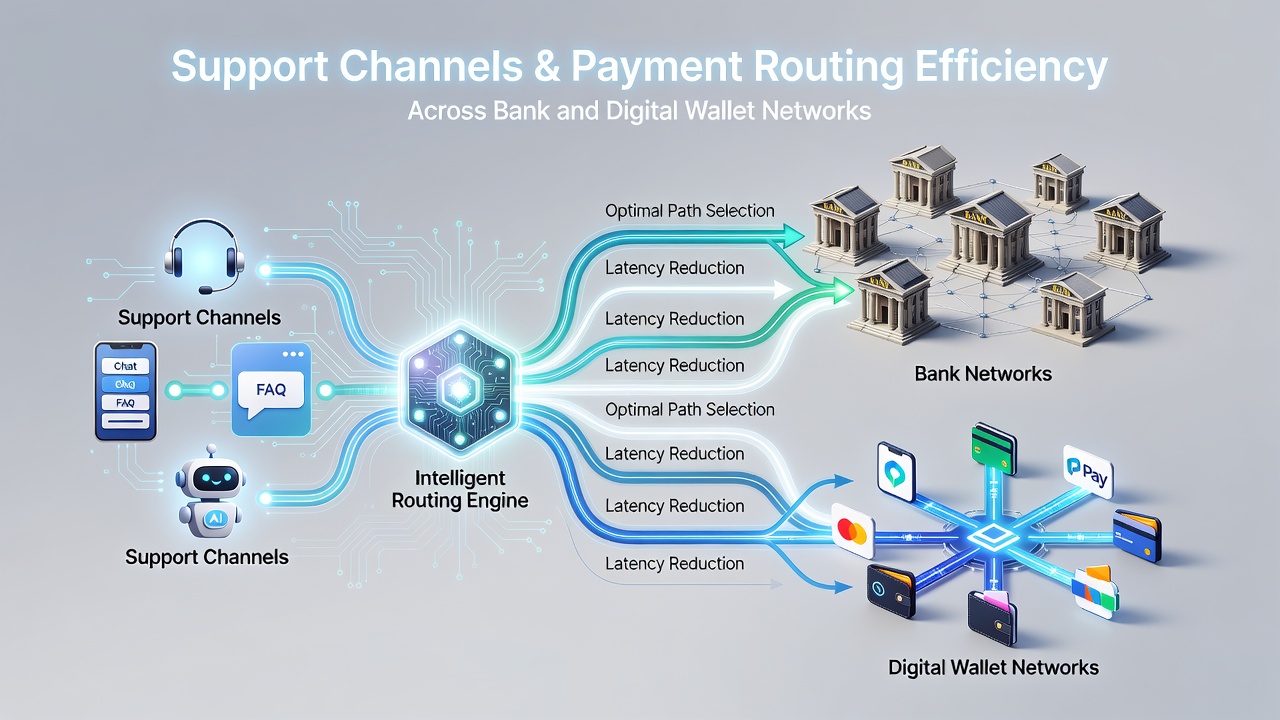 Flowchart illustrating support channel integration with bank and e-wallet routing engines including metrics on resolution time and cost savings