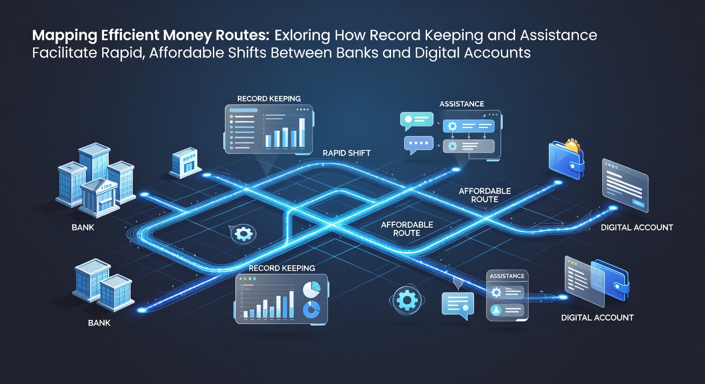 Illustration of financial data flows connecting bank accounts and digital wallets through record-keeping systems