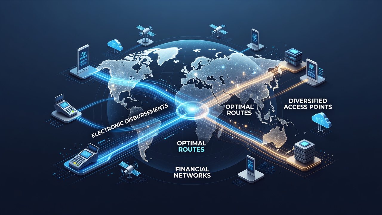 Diagram showing interconnected financial network nodes and optimal disbursement pathways across banks and digital access points