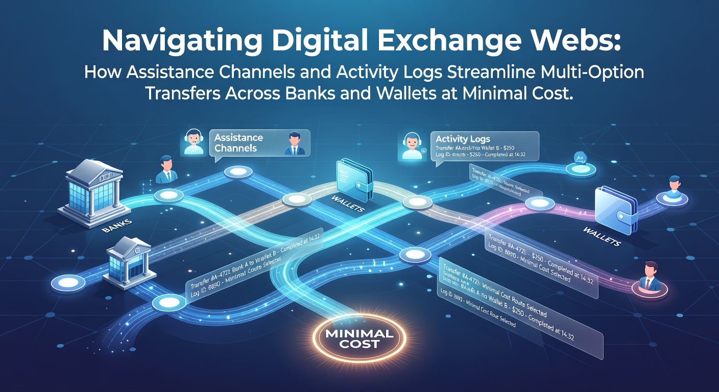 Digital interface showing interconnected bank and wallet transfer options with activity logs and support channels highlighted