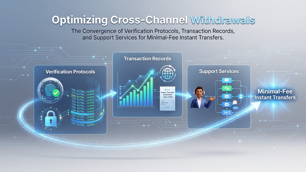 Cross-channel withdrawal optimization showing verification, records, and support integration across banking and e-wallet networks