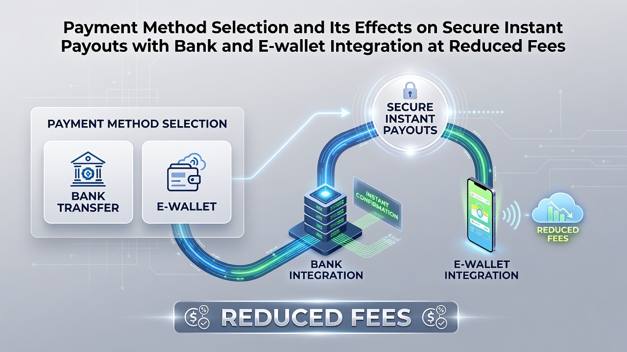 Diagram showing payment method selection process integrated with bank and e-wallet options for instant payouts