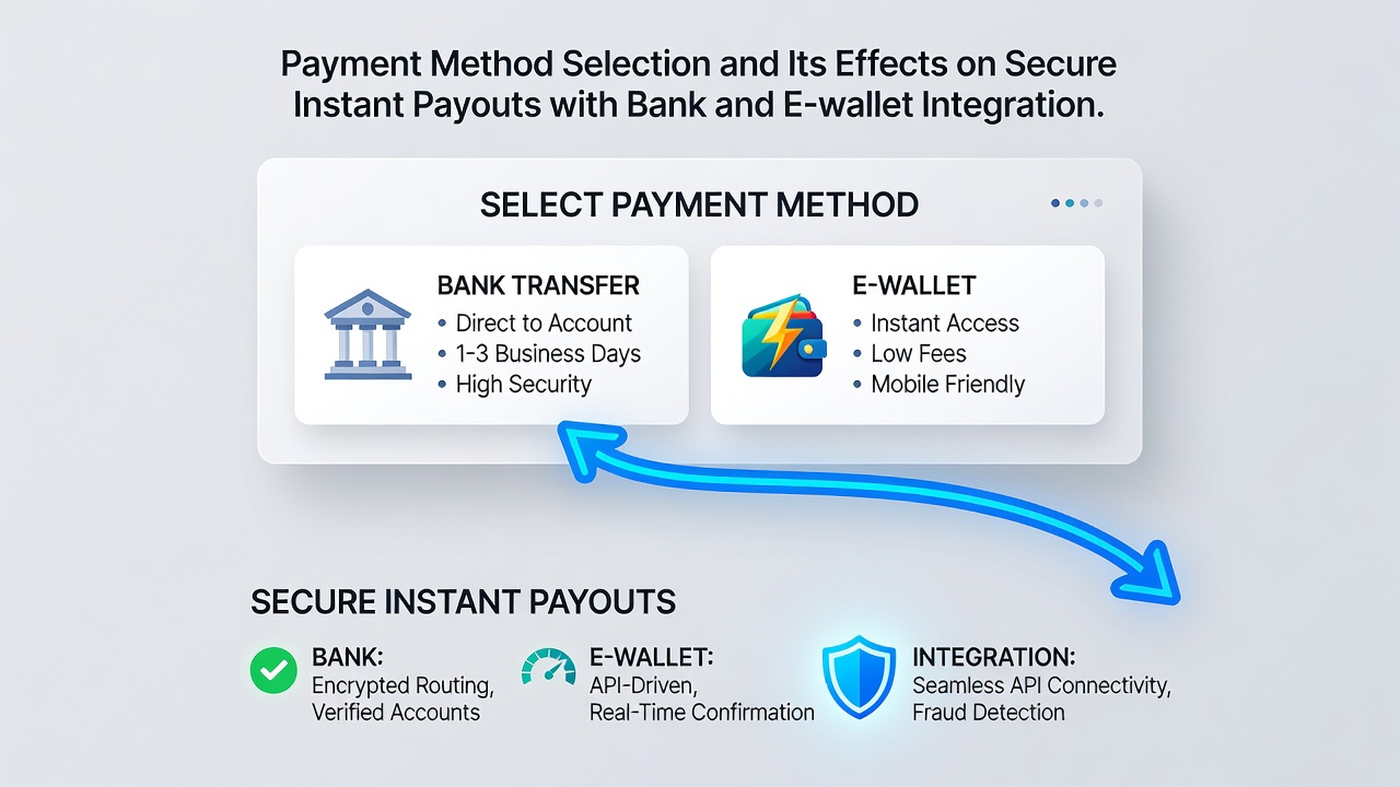 Illustration of e-wallet and bank integration reducing transaction fees for secure payouts