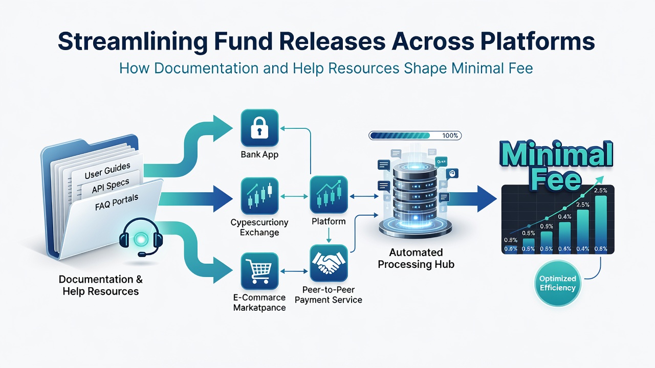 Diagram of support resources and documentation aligning to enable minimal fee electronic transfers between banks and wallets