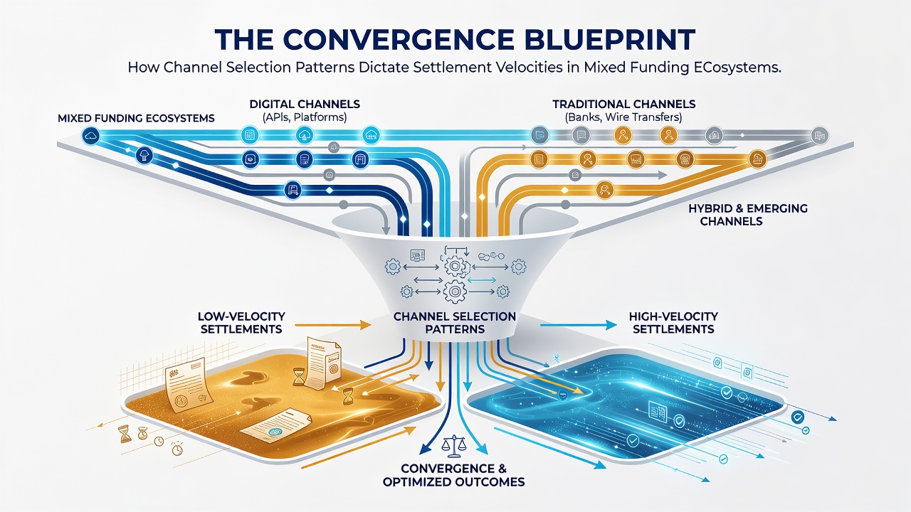 Diagram illustrating payment channel convergence in mixed funding ecosystems with settlement velocity indicators