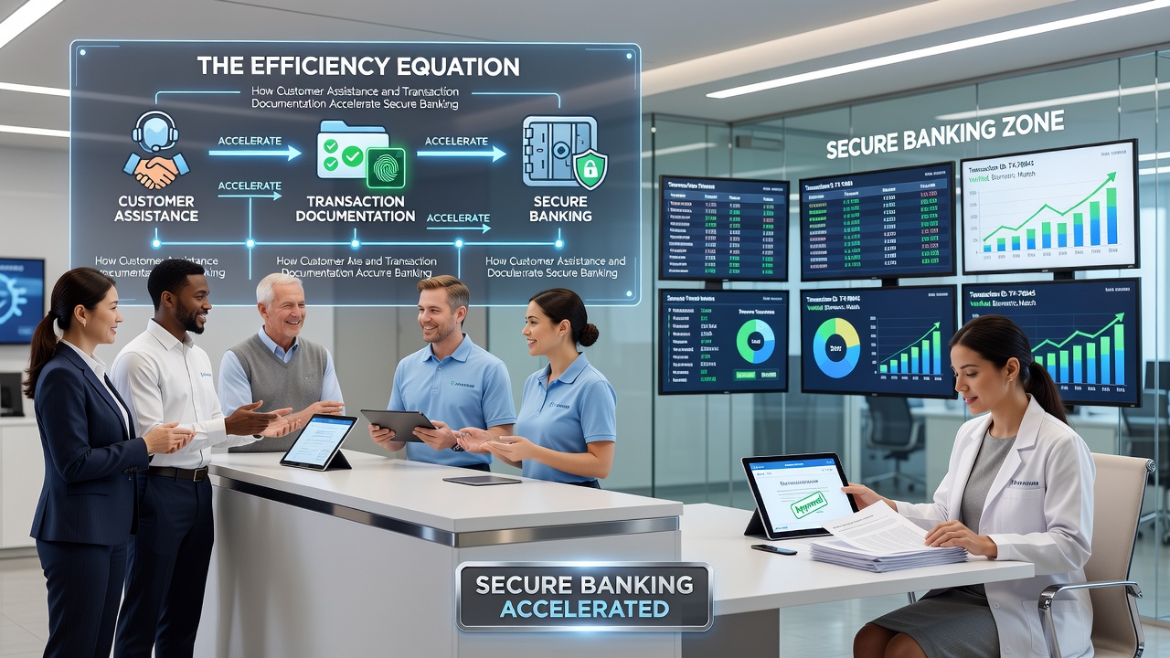 Support agent reviewing transaction documentation to accelerate a secure bank transfer