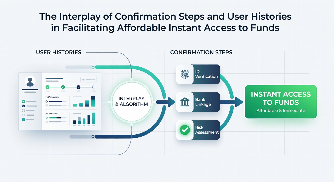 Illustration showing confirmation steps and user history data flowing together to enable instant fund transfers