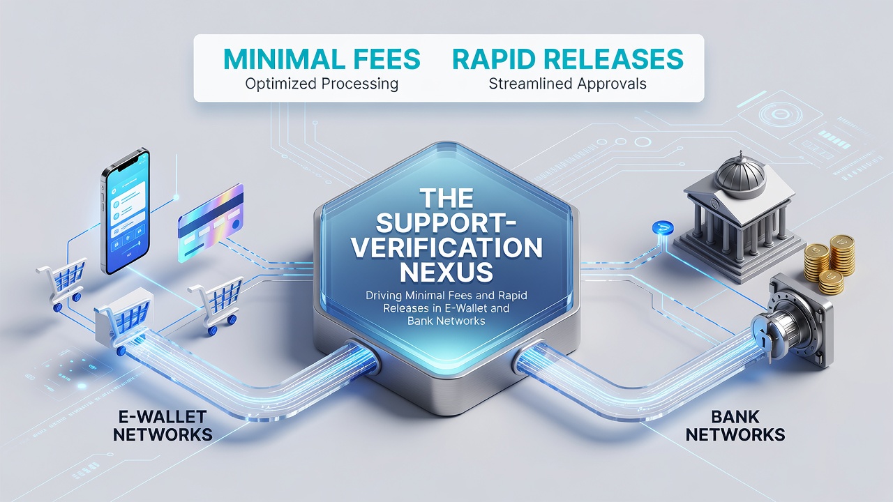 Illustration of interconnected support and verification systems streamlining e-wallet and bank network transactions