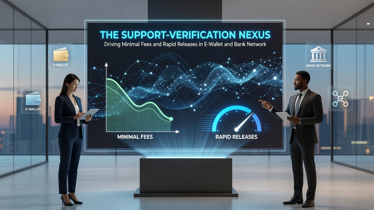 Diagram showing support and verification workflows connecting e-wallets with bank networks for faster low-fee transfers