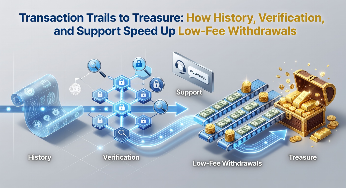 Digital trail of transactions transforming into a treasure chest, symbolizing fast low-fee withdrawals through history and verification
