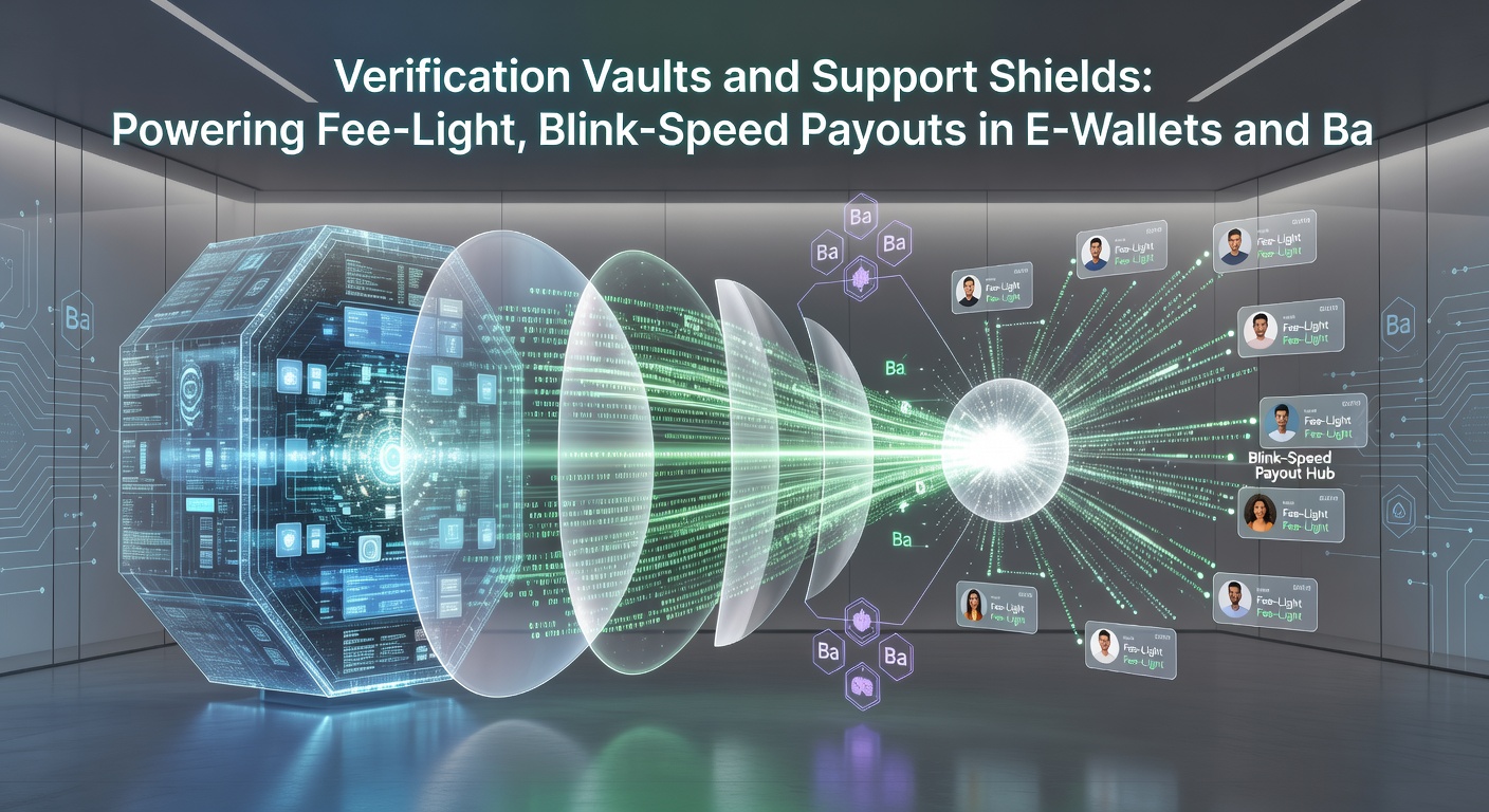 Shield icon overlay on a speedometer dashboard displaying payout metrics, e-wallet logos, and low-fee graphs for bank integrations